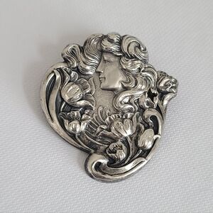 Vintage Antique Sterling Silver Front Art Nouveau Lady Cameo Flowers Brooch Pin